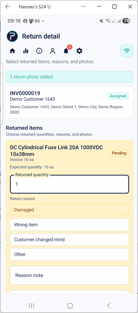 WMSync mobile app showing return details, returned quantity, and reason capture.