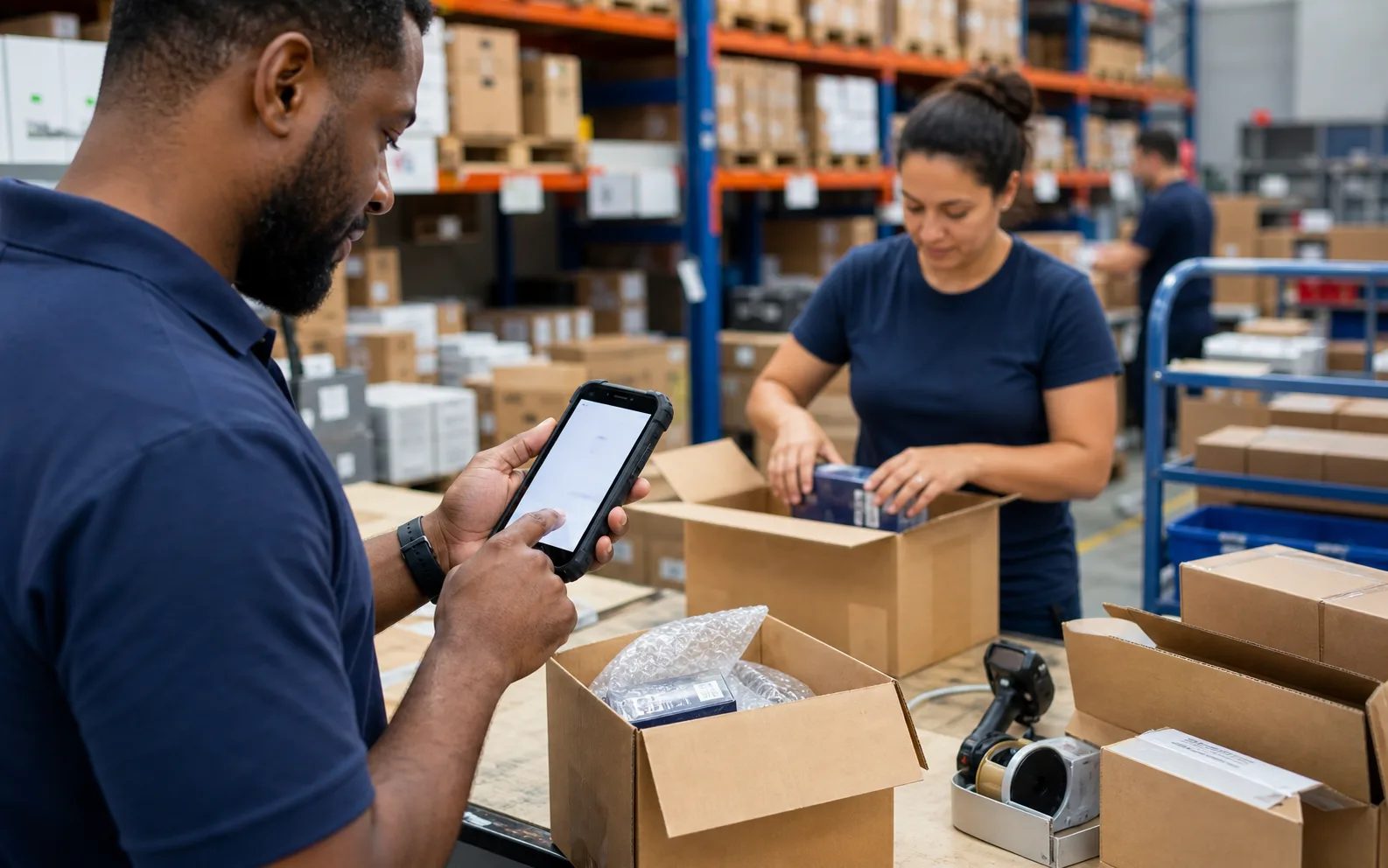 Warehouse team using a mobile device while packing stock.